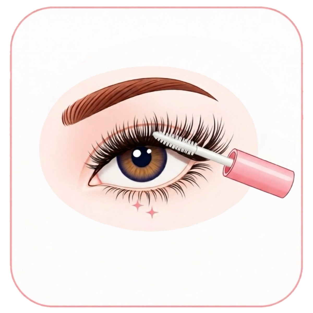 Illustration of an eye with false eyelashes and a mascara wand on a white background