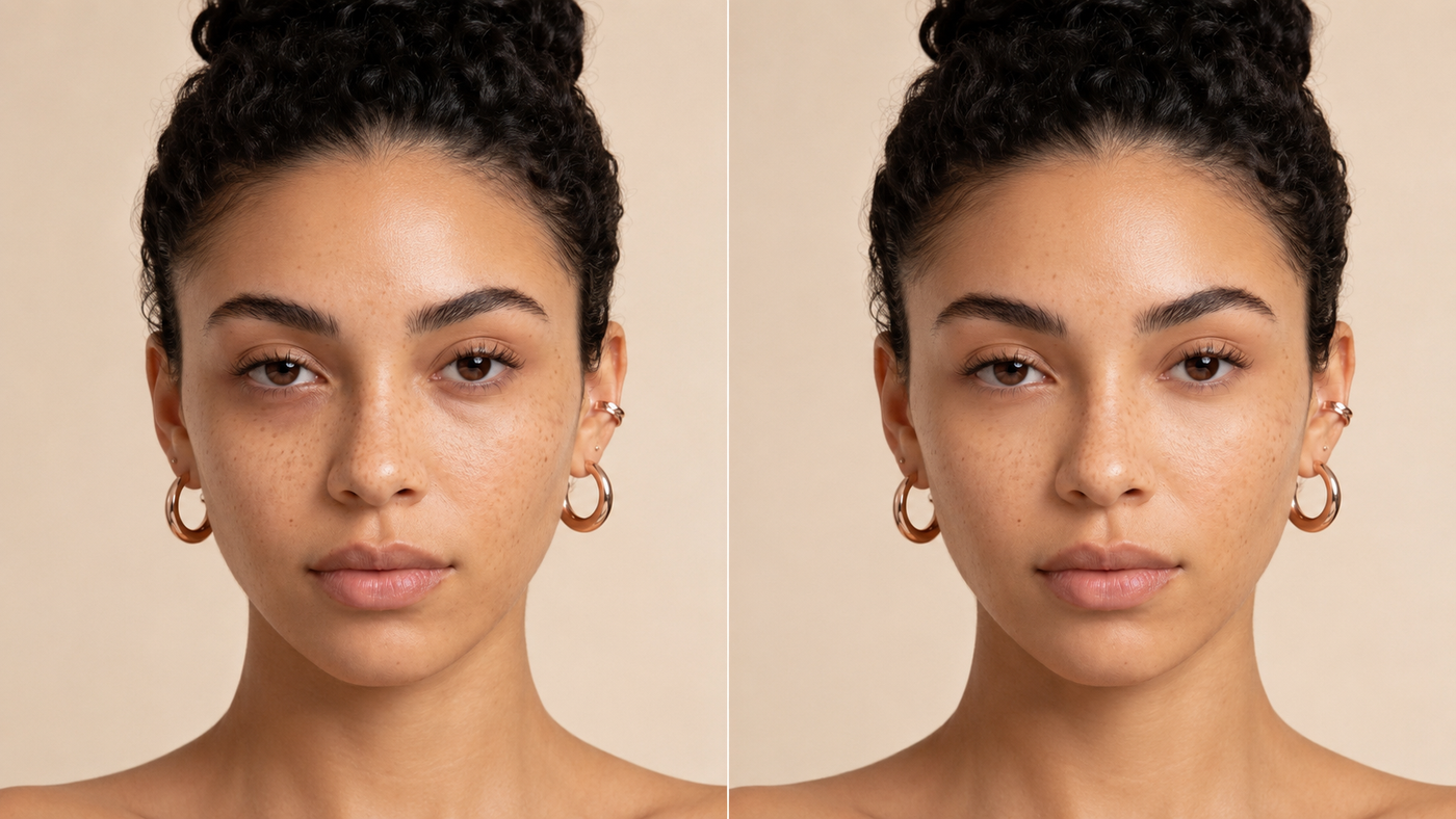 Side-by-side comparison of a woman's face with and without makeup on a plain background