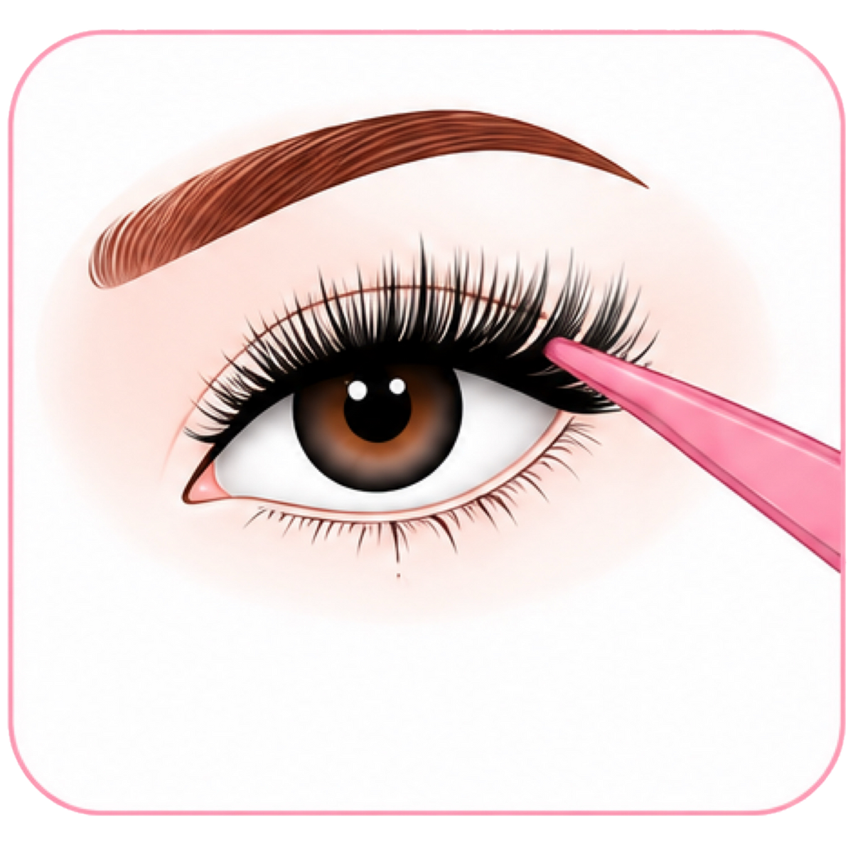 Illustration of an eye with false eyelashes being applied using a pink tool.