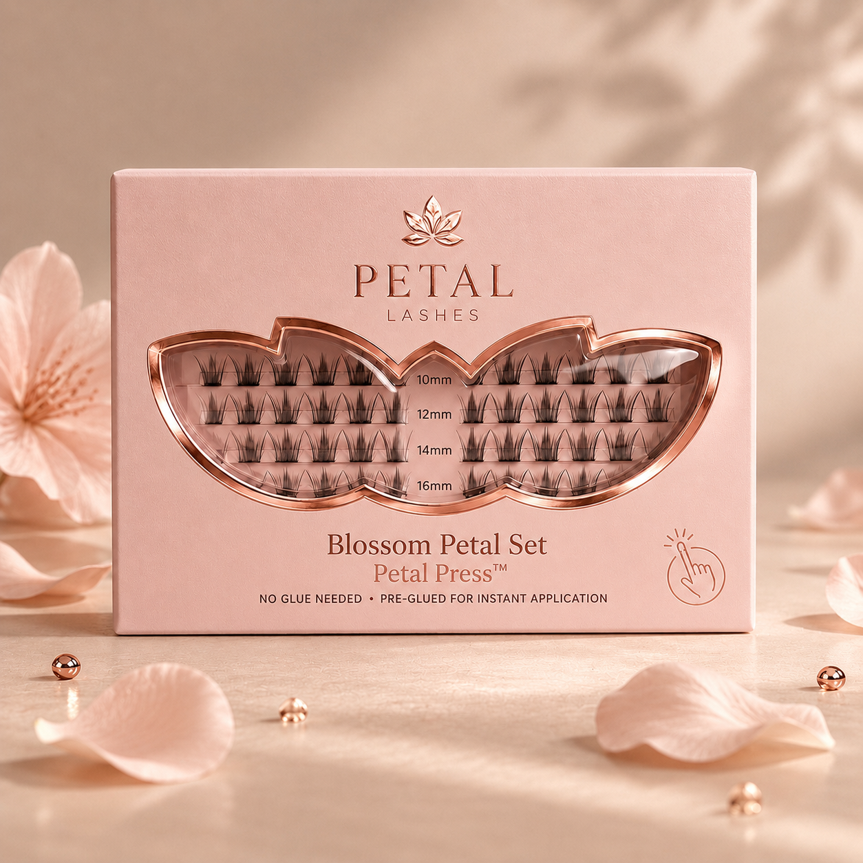 Petal Lashes packaging with lashes displayed on a soft pink background