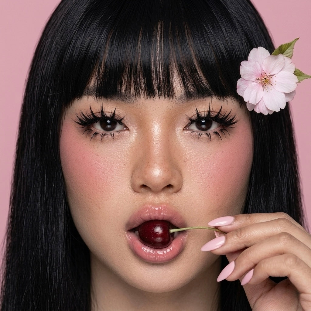 Woman with a flower in her hair holding a cherry against a pink background