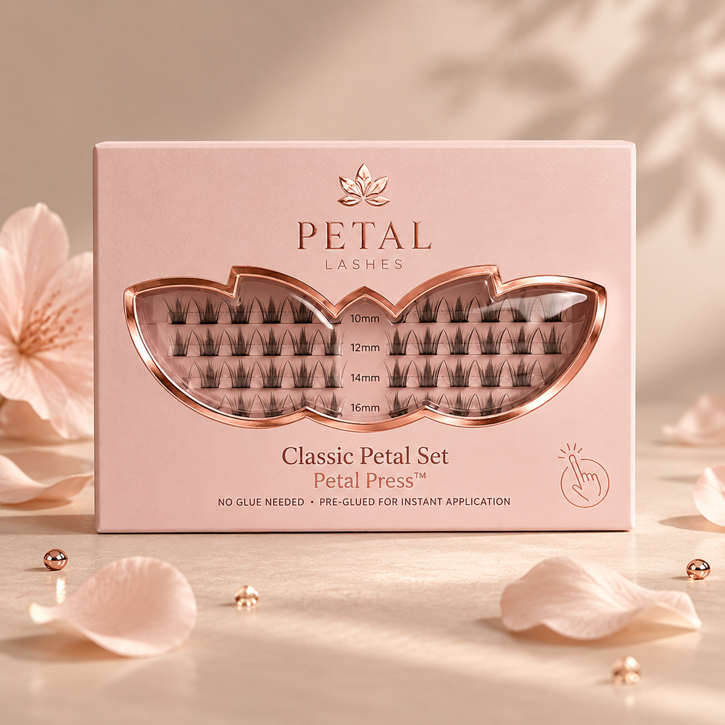 Box of Petal Lashes with petal decorations on a soft background