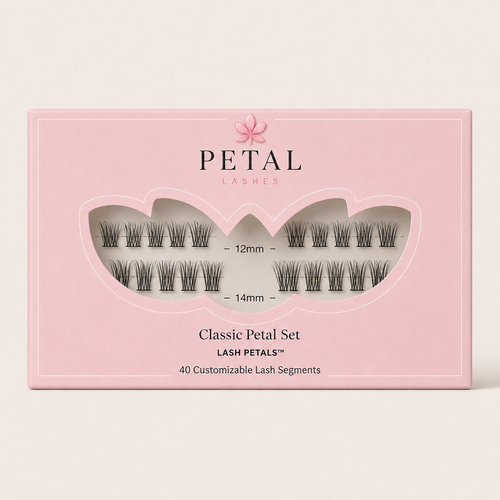 Pink box of Petal Lashes with clear window showing lash segments on a white background