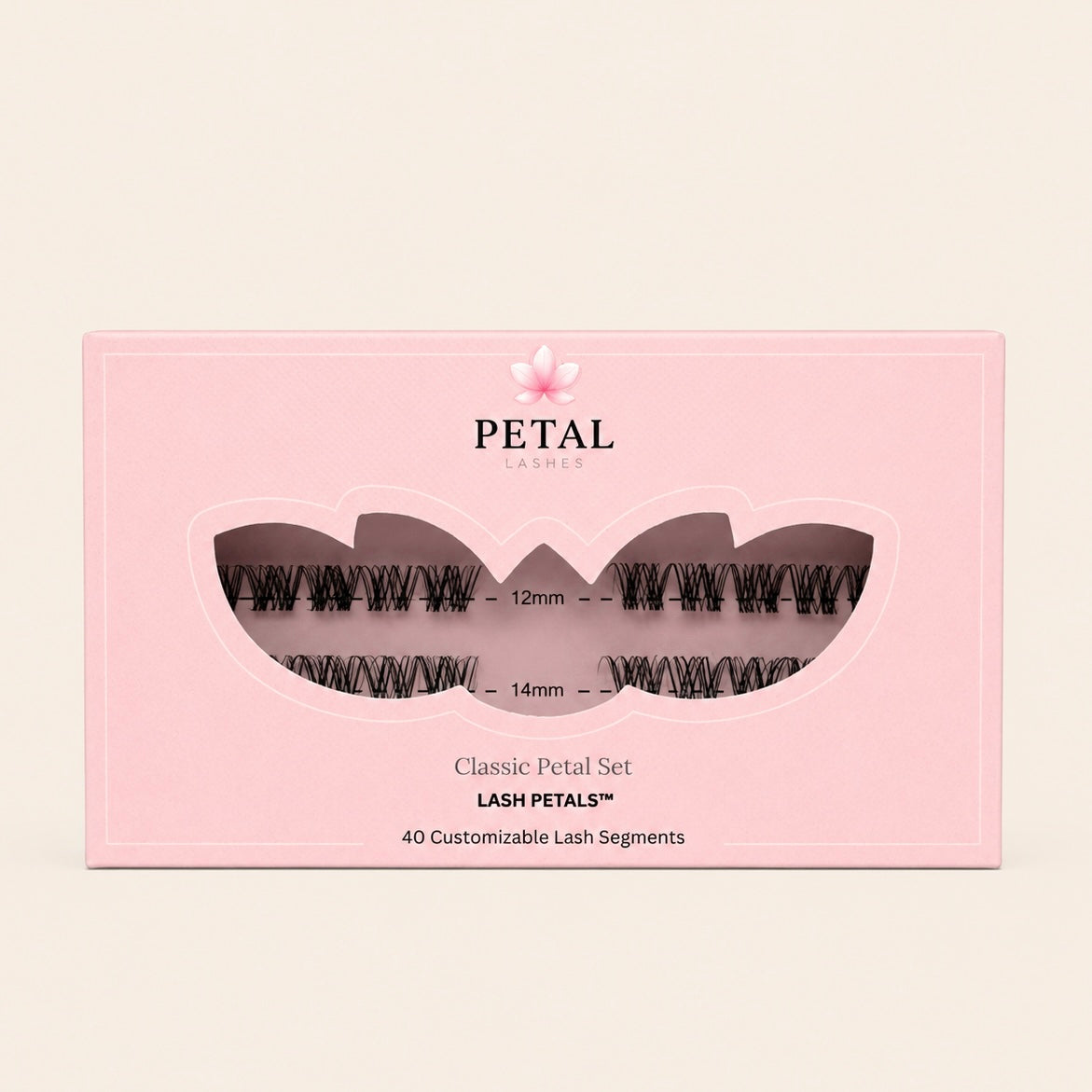 Pink packaging of Petal Lashes with clear window showing lash segments on a beige background