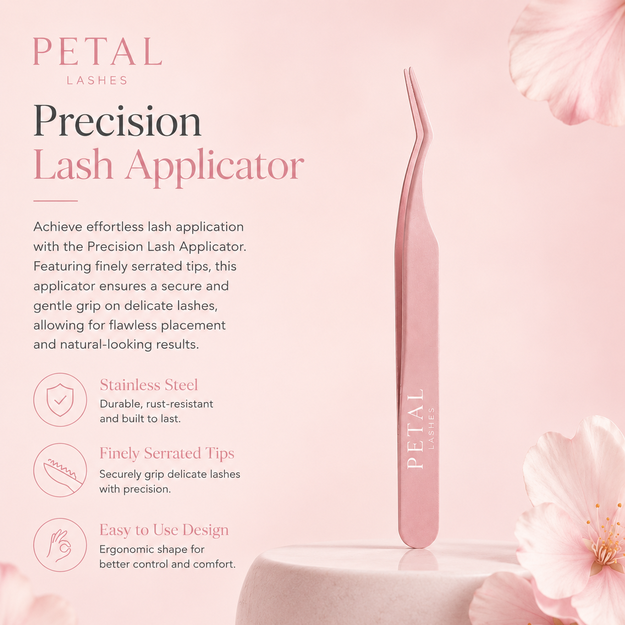 Precision lash applicator with floral design on a pink background