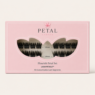 Pink packaging of Petal Lashes with lash petals displayed