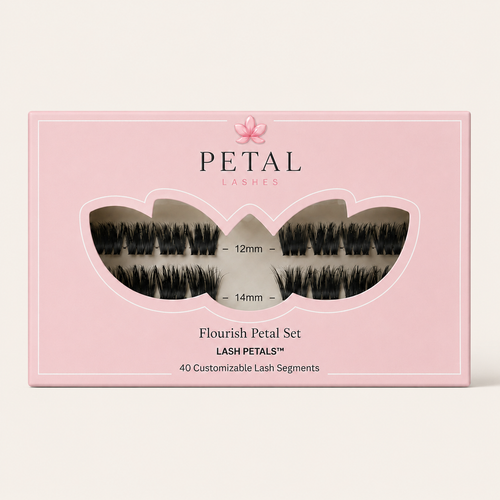 Pink packaging of Petal Lashes with lash petals displayed
