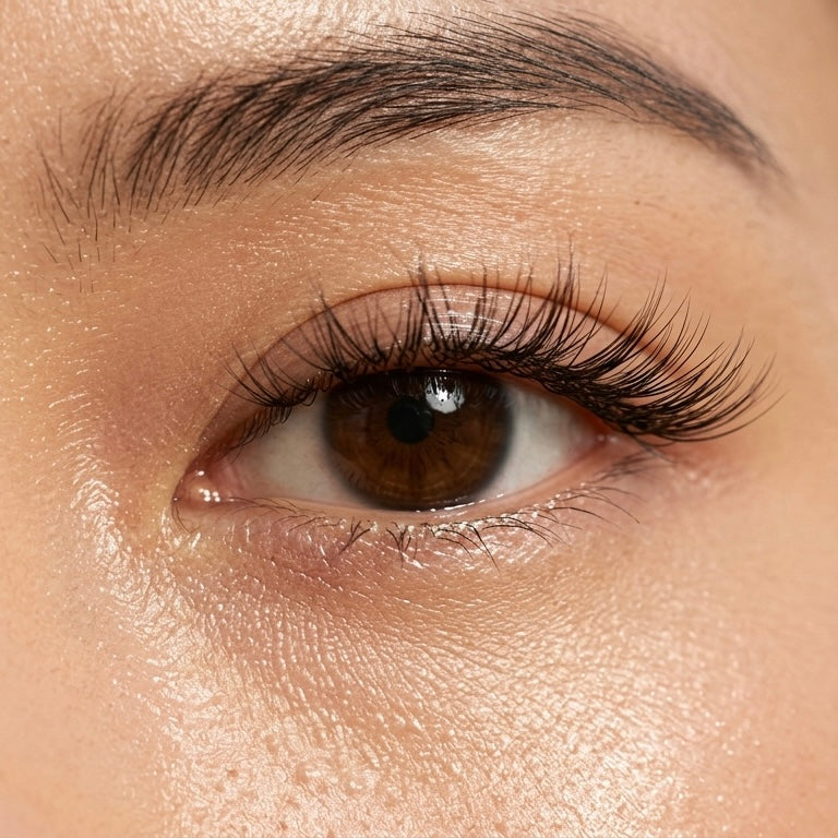 Close-up of a brown hooded eye with long, thick eyelashes and well-groomed eyebrow.