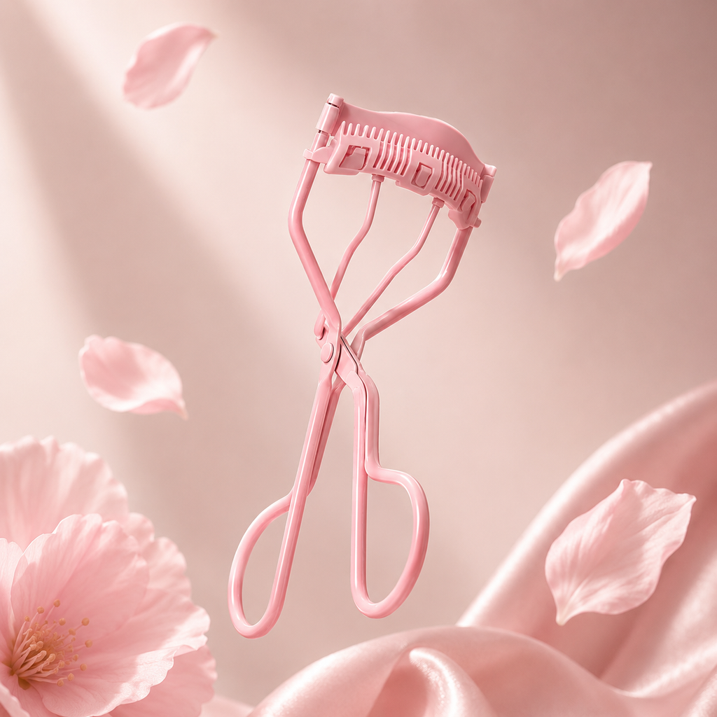 Pink eyelash curler with cherry blossom petals on a soft pink background