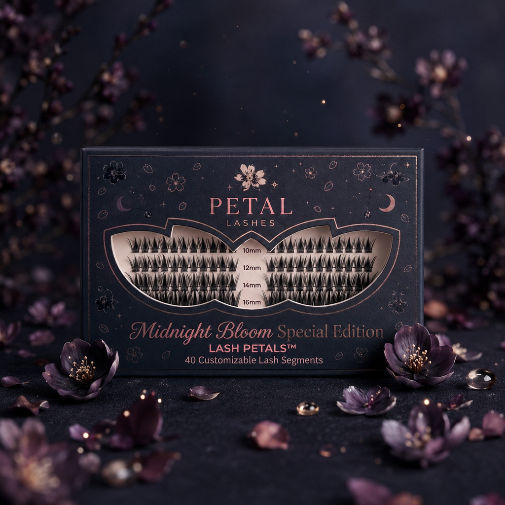 Petal Lashes packaging with 'Midnight Bloom Special Edition' design on a dark background with flowers.