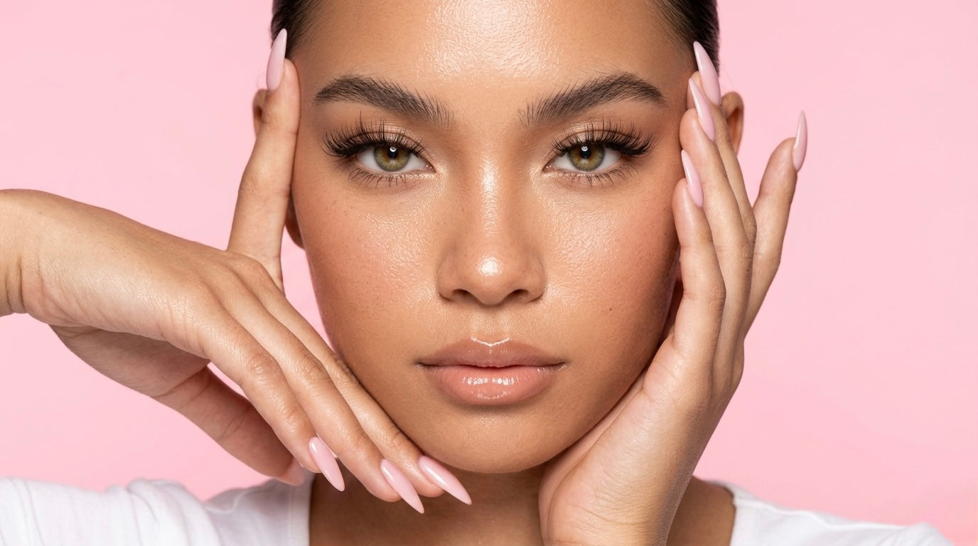 Woman with hands on face against a pink background