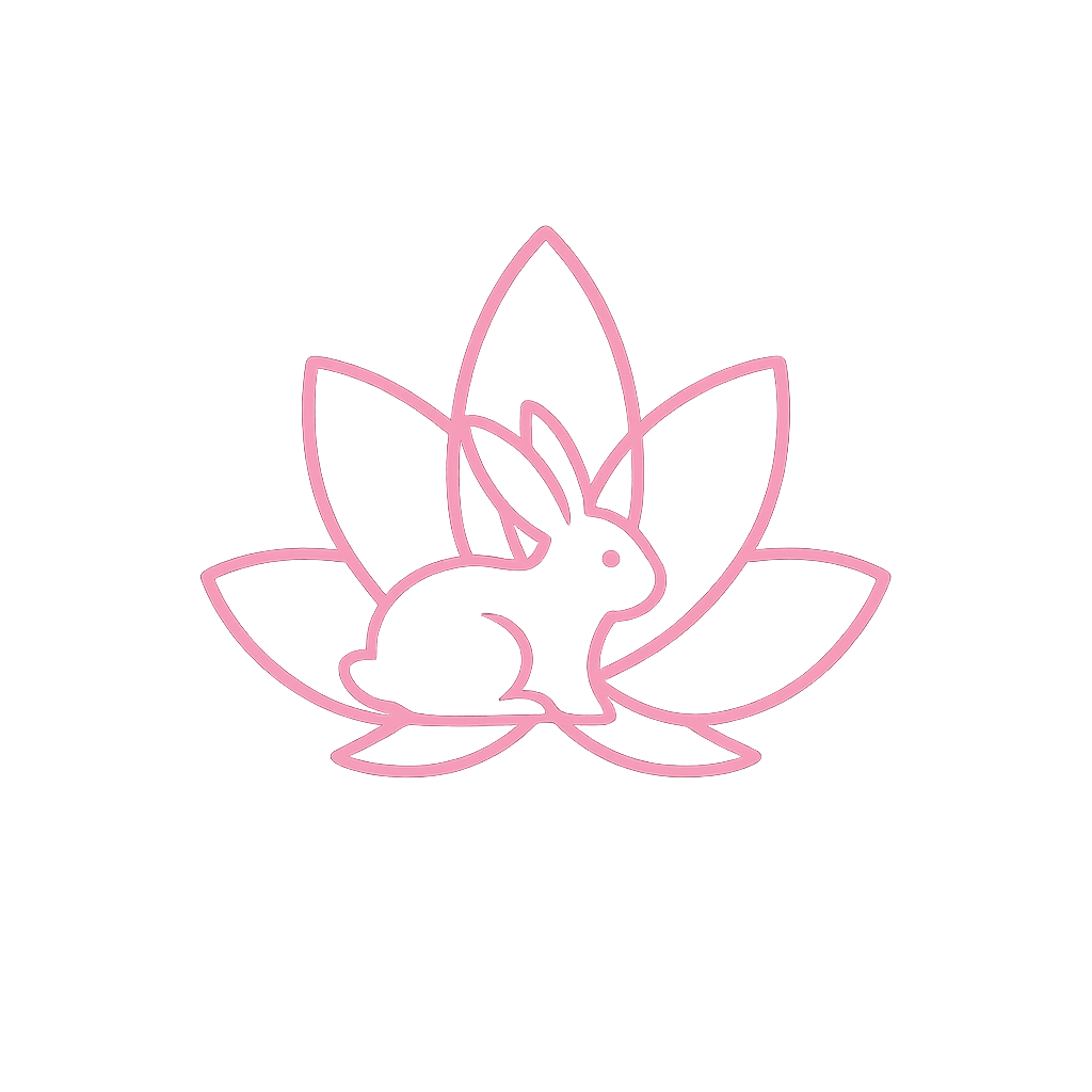 Pink rabbit inside a flower-like shape on a white background
