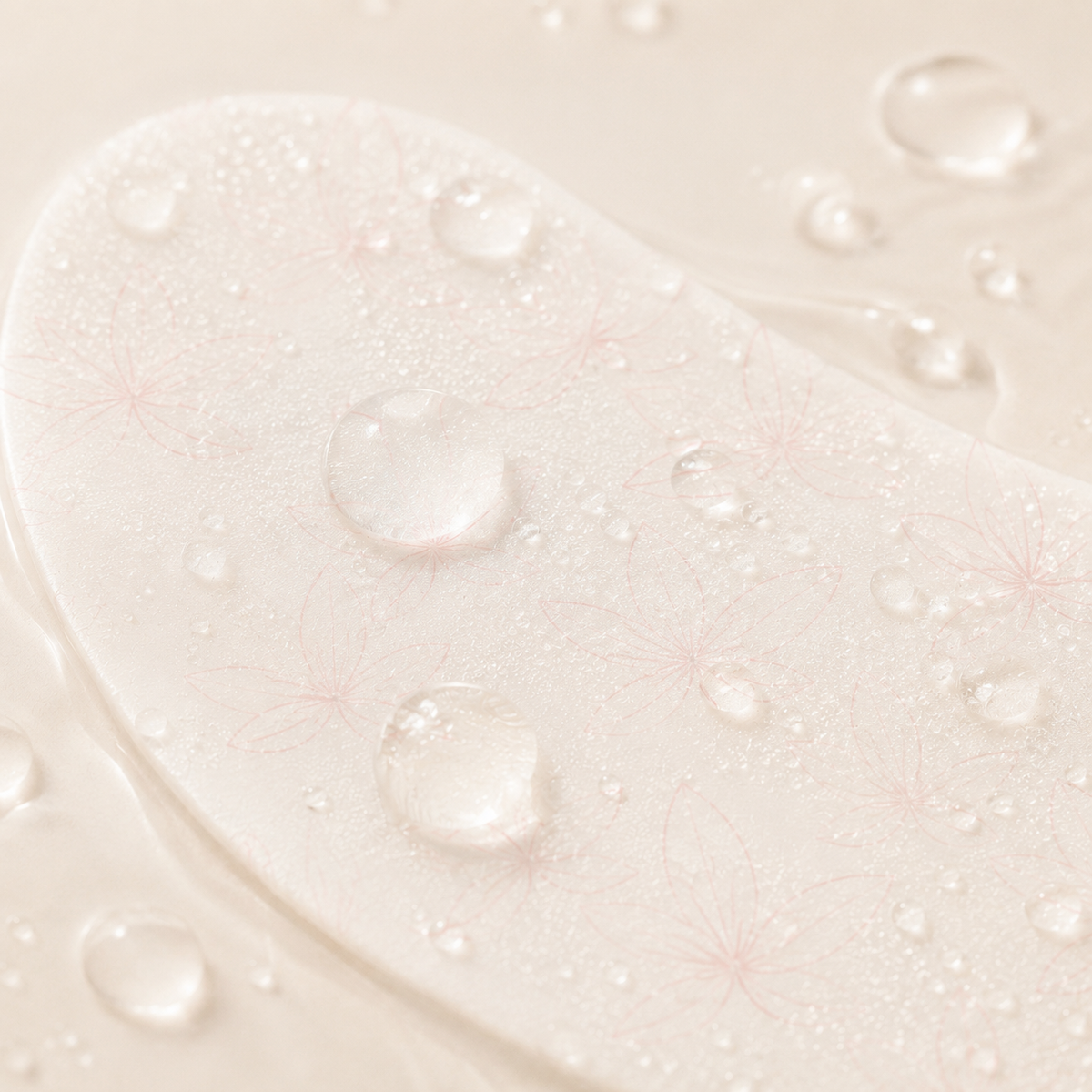 White eye masks on a beige surface with coffee beans and water droplets