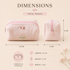 Dimensions of a pink petal pouch with measurements and 'Petal' branding.