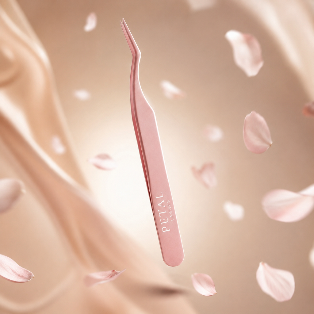 Editorial shot of a pink eyelash applicator floating in the air.
