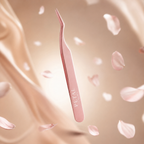 Editorial shot of a pink eyelash applicator floating in the air.