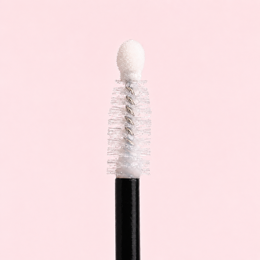Mascara brush with white bristles on a pink background