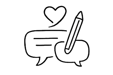 Illustration of a hand holding a pencil with a heart above, inside speech bubbles on a white background