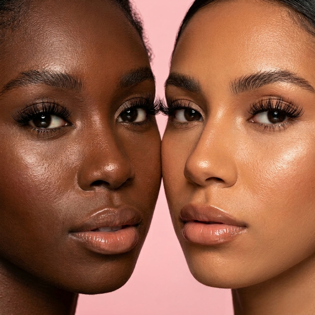 Two women with close-up faces against a pink background
