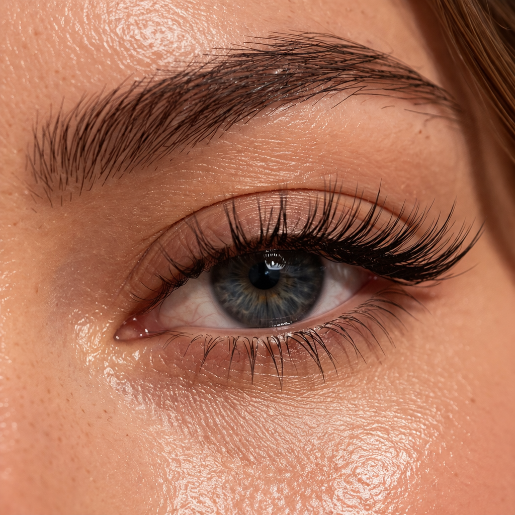 Close-up of a woman's upturned eye with detailed eyelashes and skin texture.